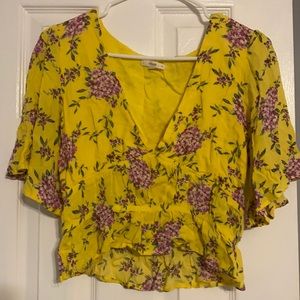 v neck yellow blouse with flowers